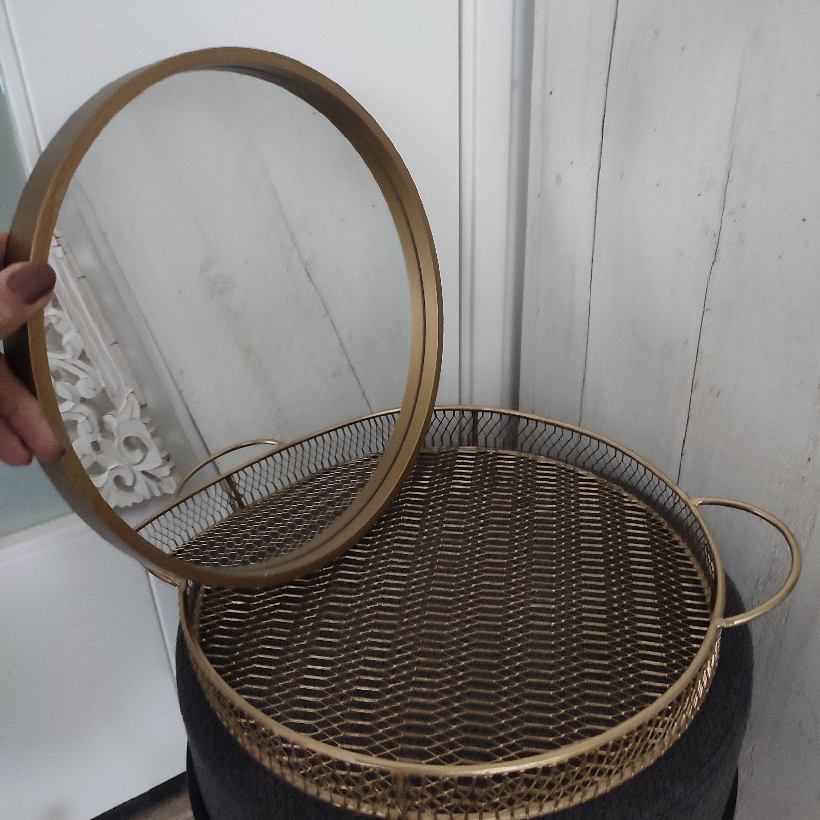 Rond metalen dienblad gouddraad / gouden spiegel, per stuk, Ophalen of Verzenden, Zo goed als nieuw