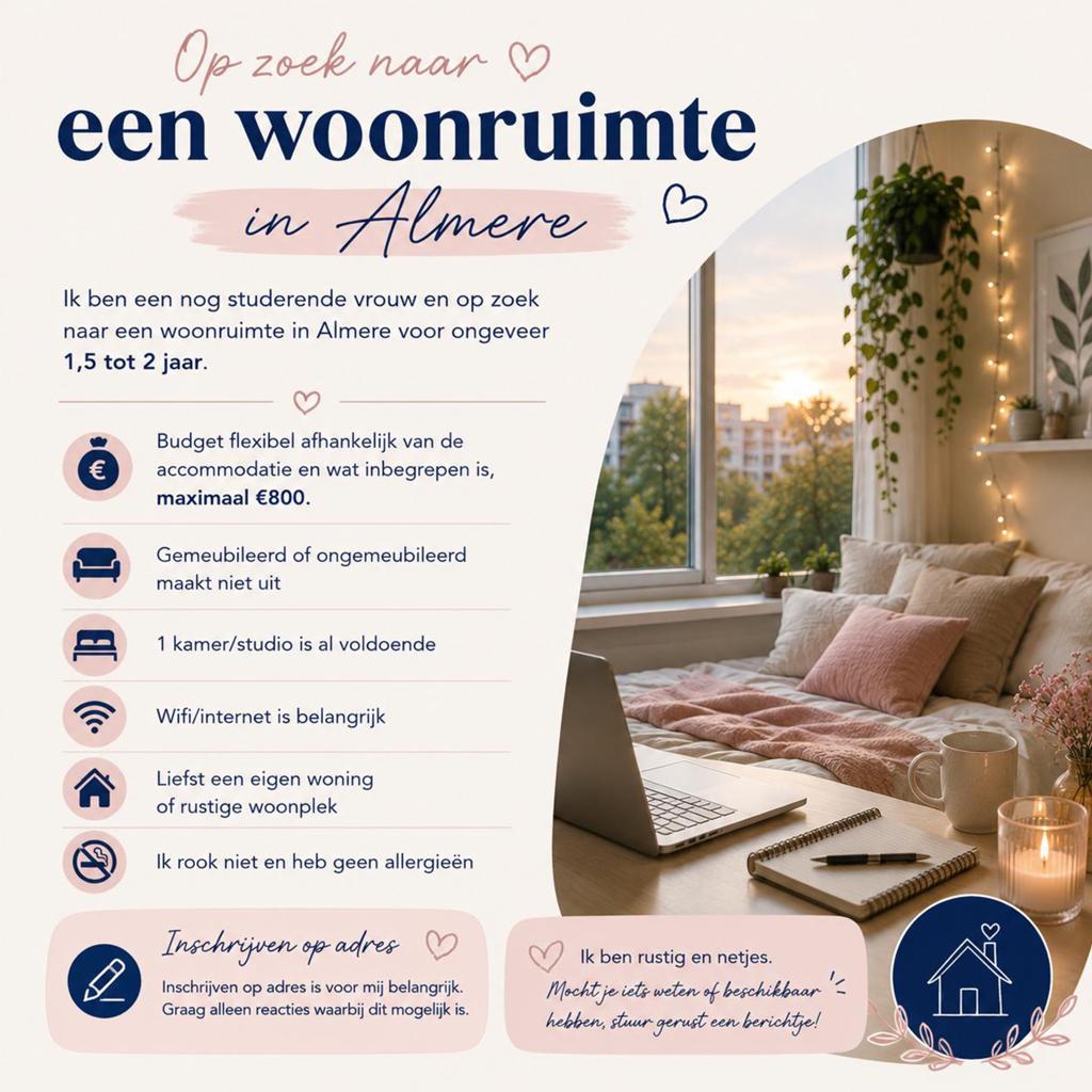 Gezocht Almere: kamer voor studerende dame, circa 1,5-2 jaar