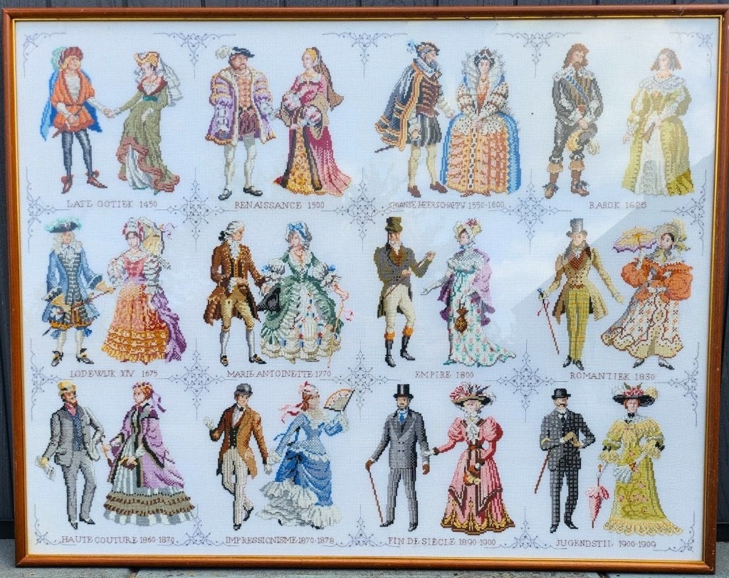 borduur schilderij Geschiedenis van de Mode, groot formaat, Antiek en Kunst, Ophalen, Ingelijst, Overige onderwerpen