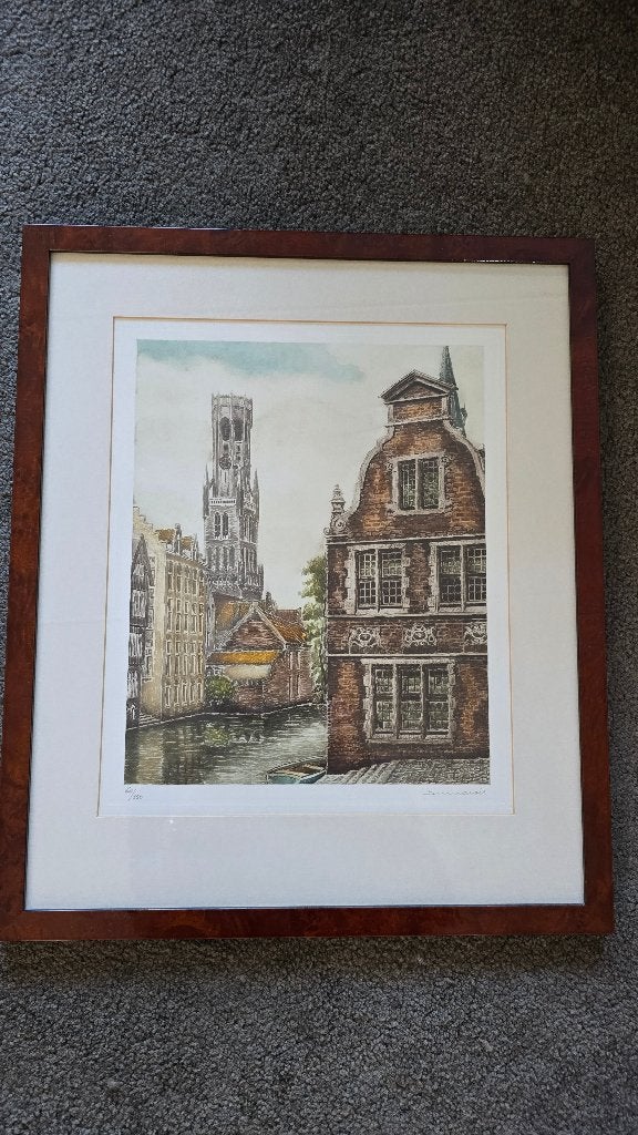 Ets stadsgezicht Brugge, Ophalen, Handgekleurd, Stadsgezicht, 42 cm