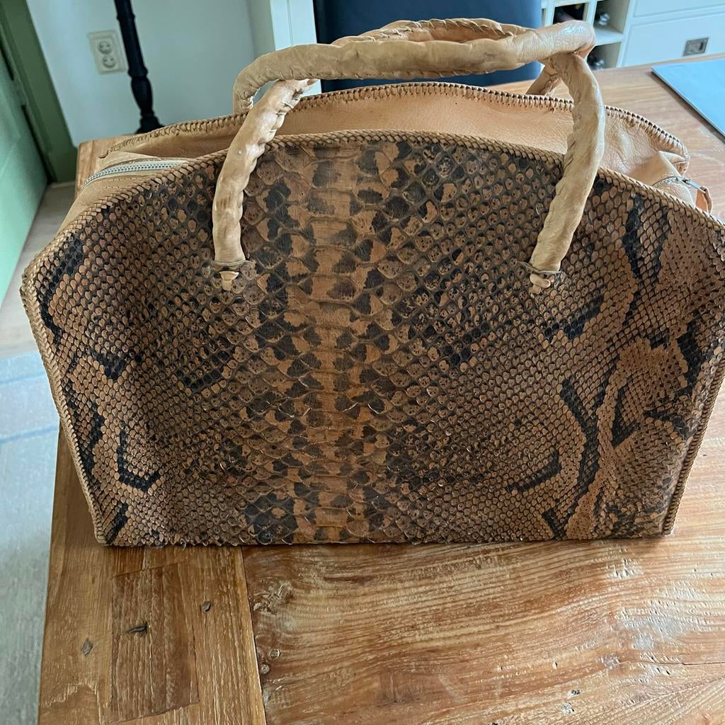 Vintage handtas van slangenleer, Sieraden, Tassen en Uiterlijk, Tassen | Damestassen, Ophalen of Verzenden, Gebruikt, Bruin, Handtas