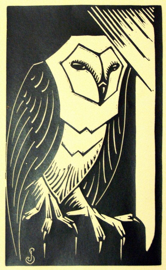 Jan Schonk linosnede uiltje Art Deco, Antiek en Kunst, Gesigneerd in de plaat, Ophalen of Verzenden, Dieren en Natuur