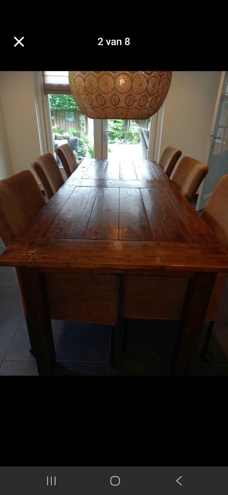Grote donkerbruine houten eettafel met grove poten, Huis en Inrichting, Tafels | Eettafels, Ophalen of Verzenden, Gebruikt, Vijf personen of meer