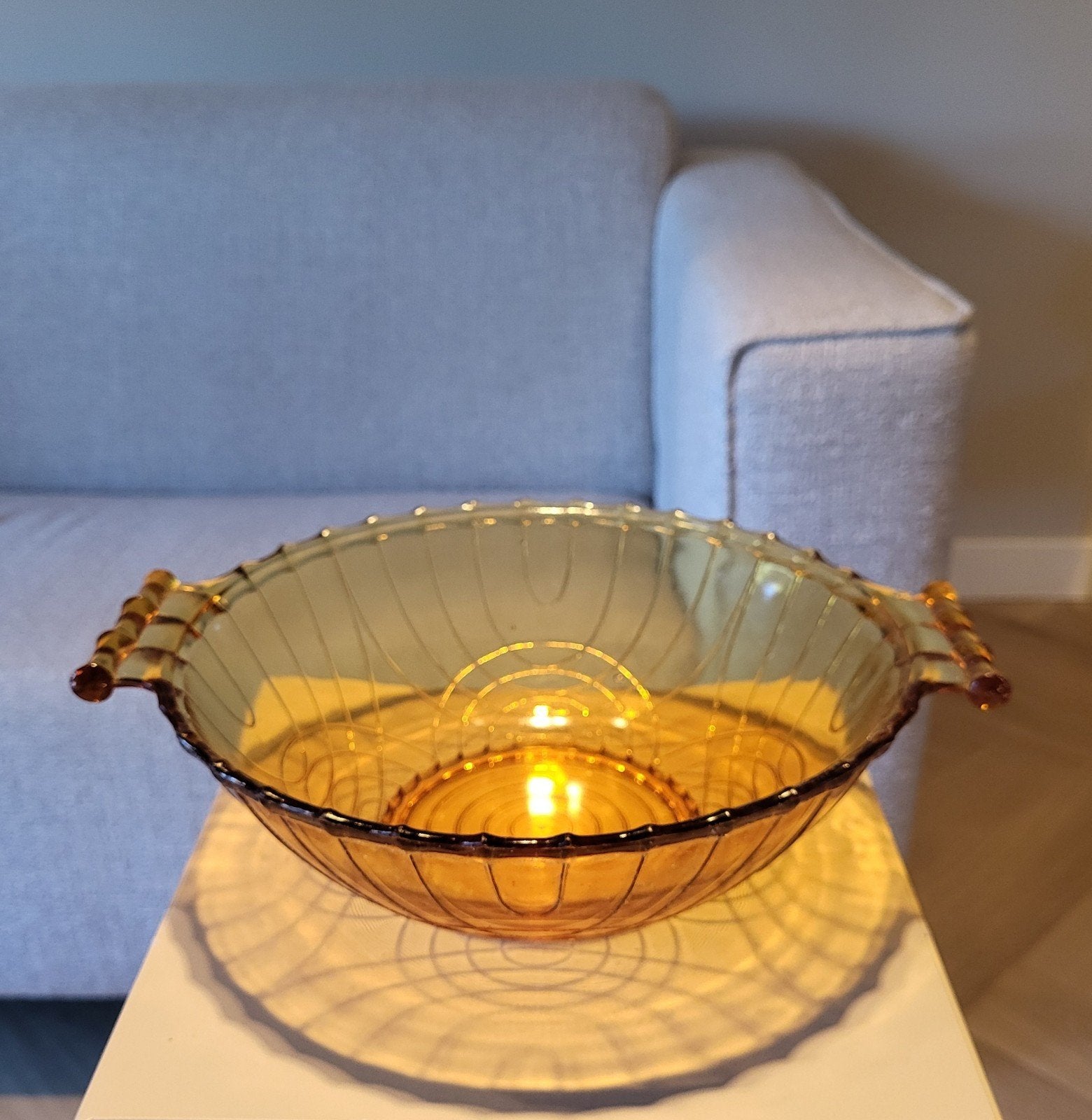 Amberkleurige vintage glazen schaal met oren Art Deco stijl, Ophalen of Verzenden