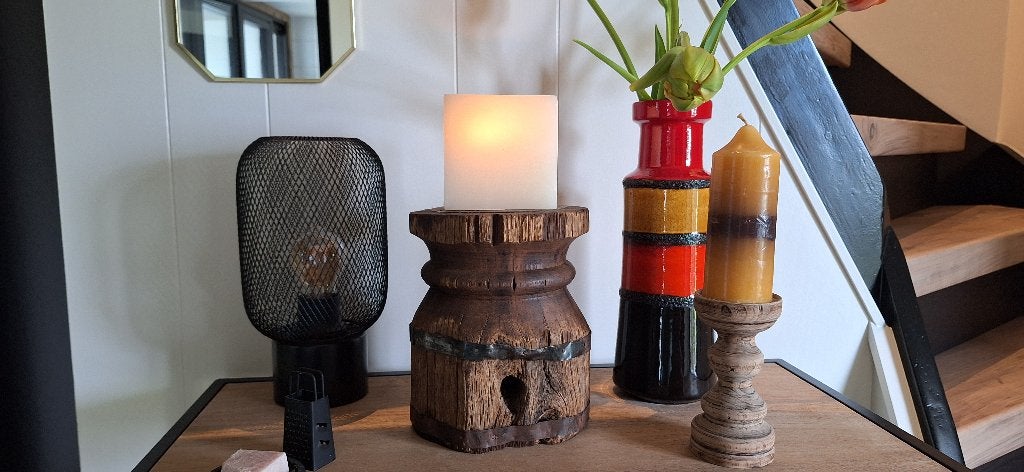 Stoere ,Sobere houten poer kandelaar, kaarsenstandaard, Huis en Inrichting, Woonaccessoires | Kandelaars en Kaarsen, Bruin, Ophalen of Verzenden