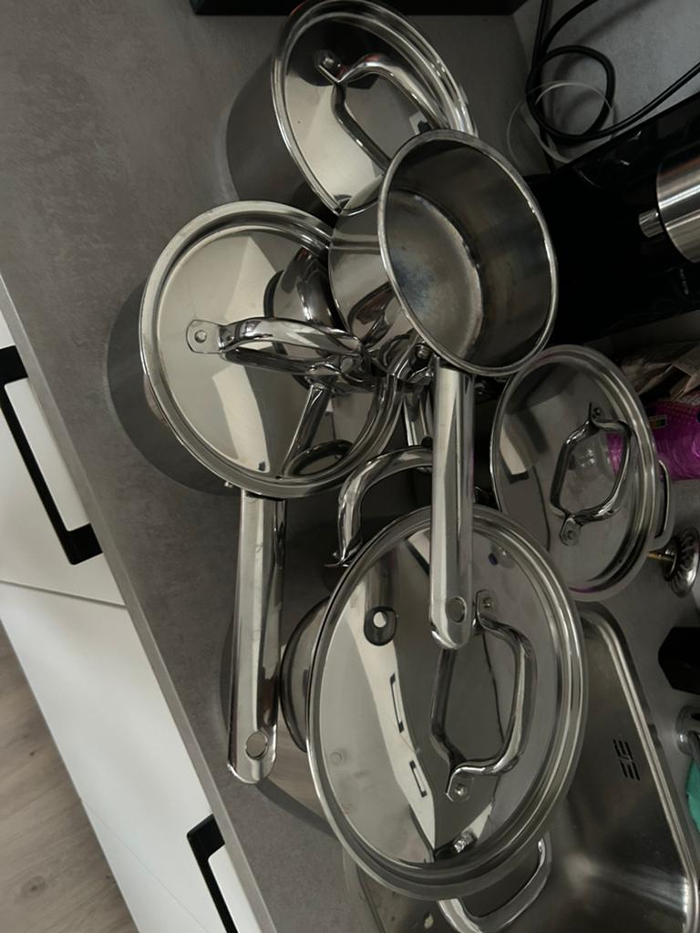 Pannenset: 2 grote, 3 steelpannen (2 maten), 2 koekenpannen, Ophalen, Gebruikt, Inductieplaat, Pannenset