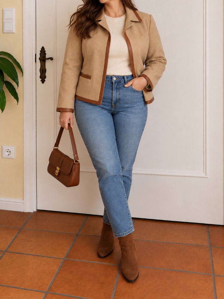 Féraud luxe blazer wol & angora,leer maat 44, Féraud, Beige, Maat 42/44 (L), Ophalen of Verzenden