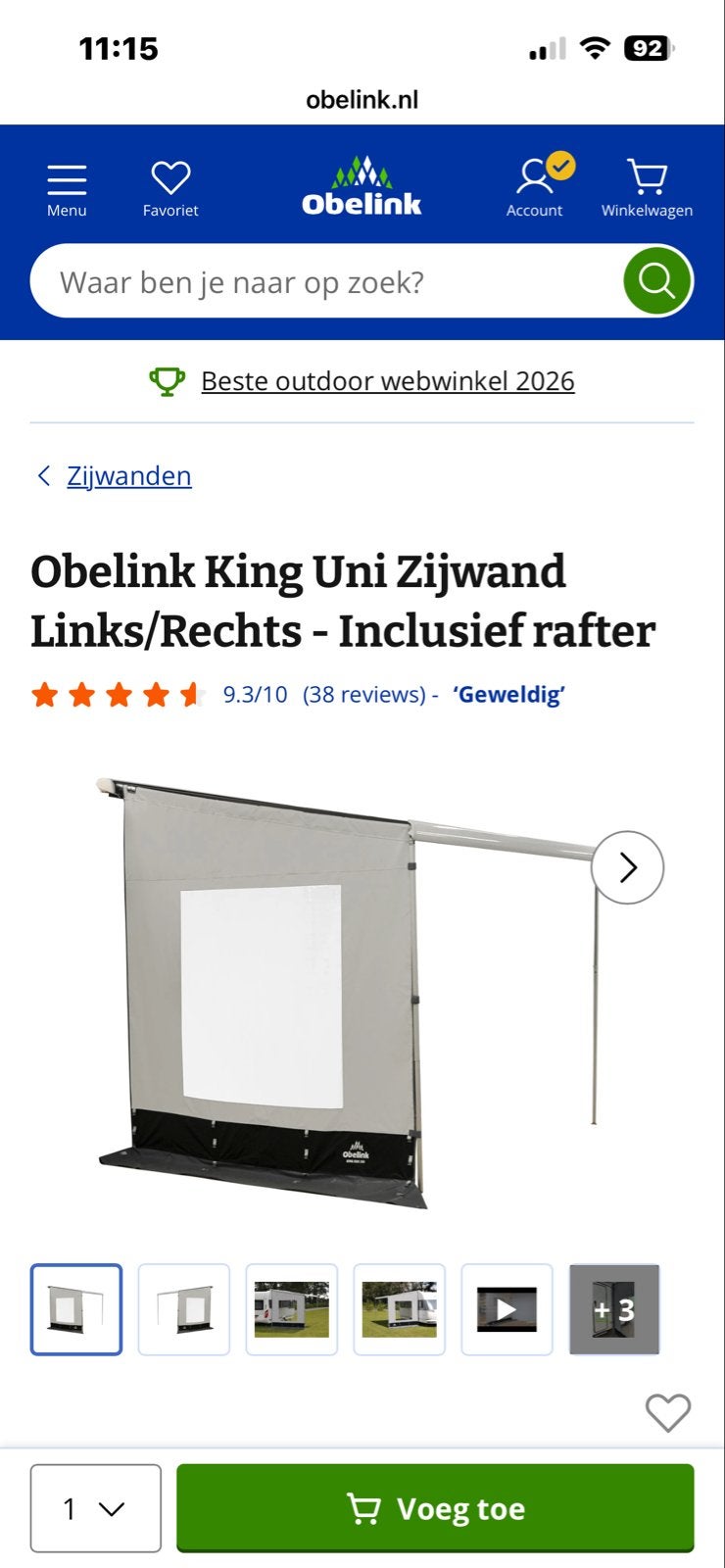 Obelink King Uni Zijwand Links/Rechts - Inclusief rafter, Ophalen of Verzenden, Zo goed als nieuw