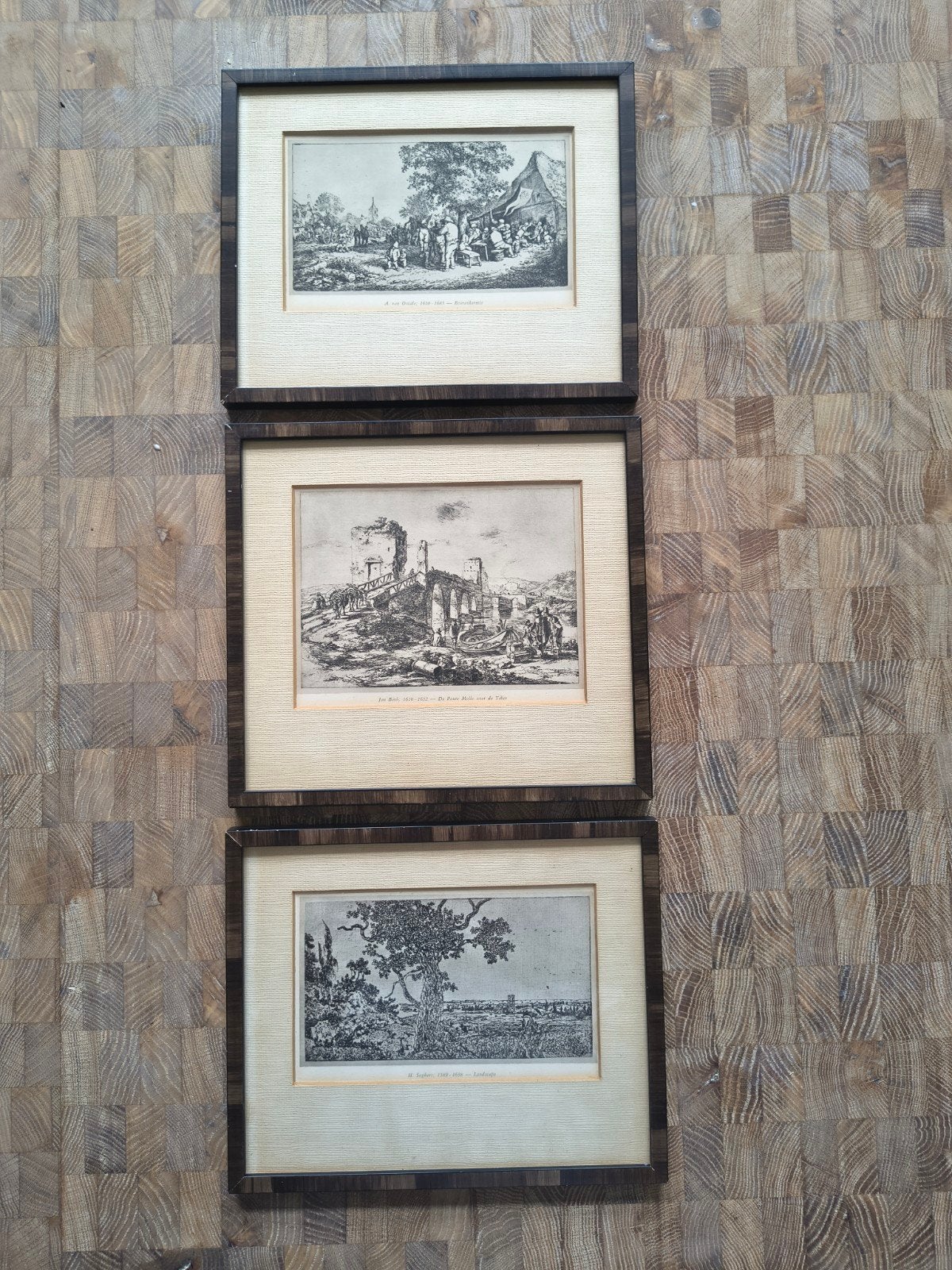 Drie ingelijste etsen van 17e-eeuwse Nederlandse meesters, Ets, Landschap, Ingelijst, 1600 - 1699