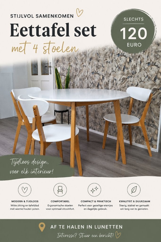 Moderne eettafel met 4 stoelen, Ophalen, Rond, Zo goed als nieuw, Modern/tijdloos