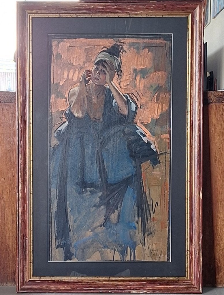 Nico Vrielink Lady in Blue mixed media op papier 70x100cm, Antiek en Kunst, Ophalen, Passe-partout, Gemengde techniek, Portret