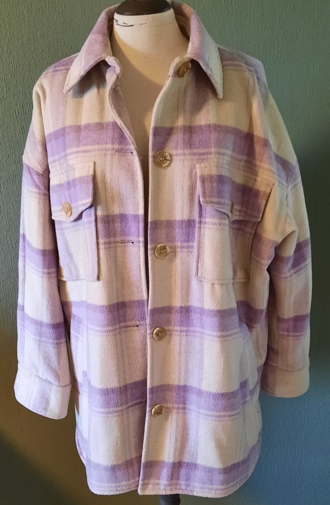 Pull & Bear Warme Jas / Blouse. blok / Paars / Wit mt. M, Maat 38/40 (M), Paars, Ophalen of Verzenden, Zo goed als nieuw