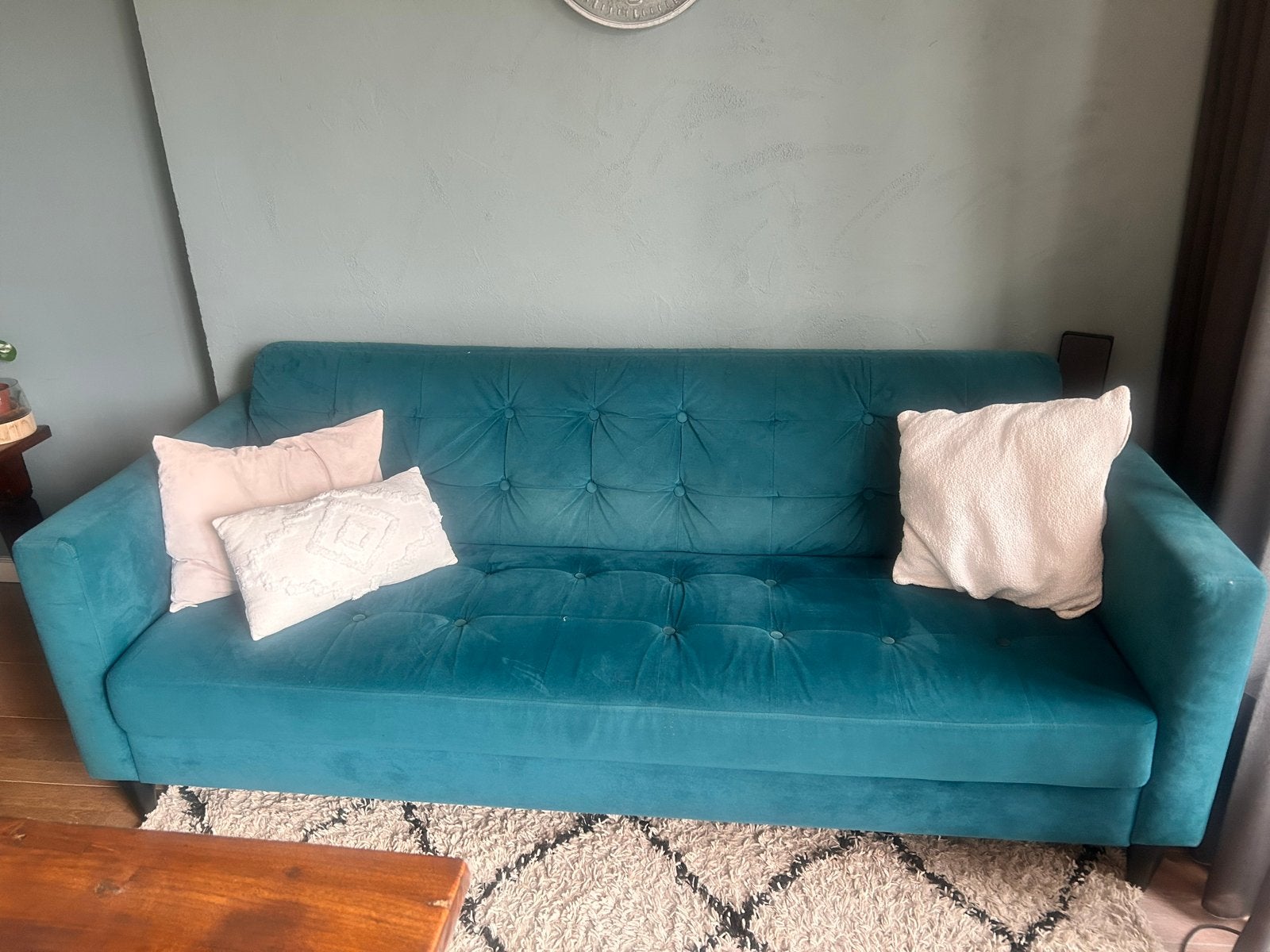 Turquoise fluwelen bank - 3-zits, Huis en Inrichting, Ophalen, Gebruikt, Driepersoons, 75 tot 100 cm
