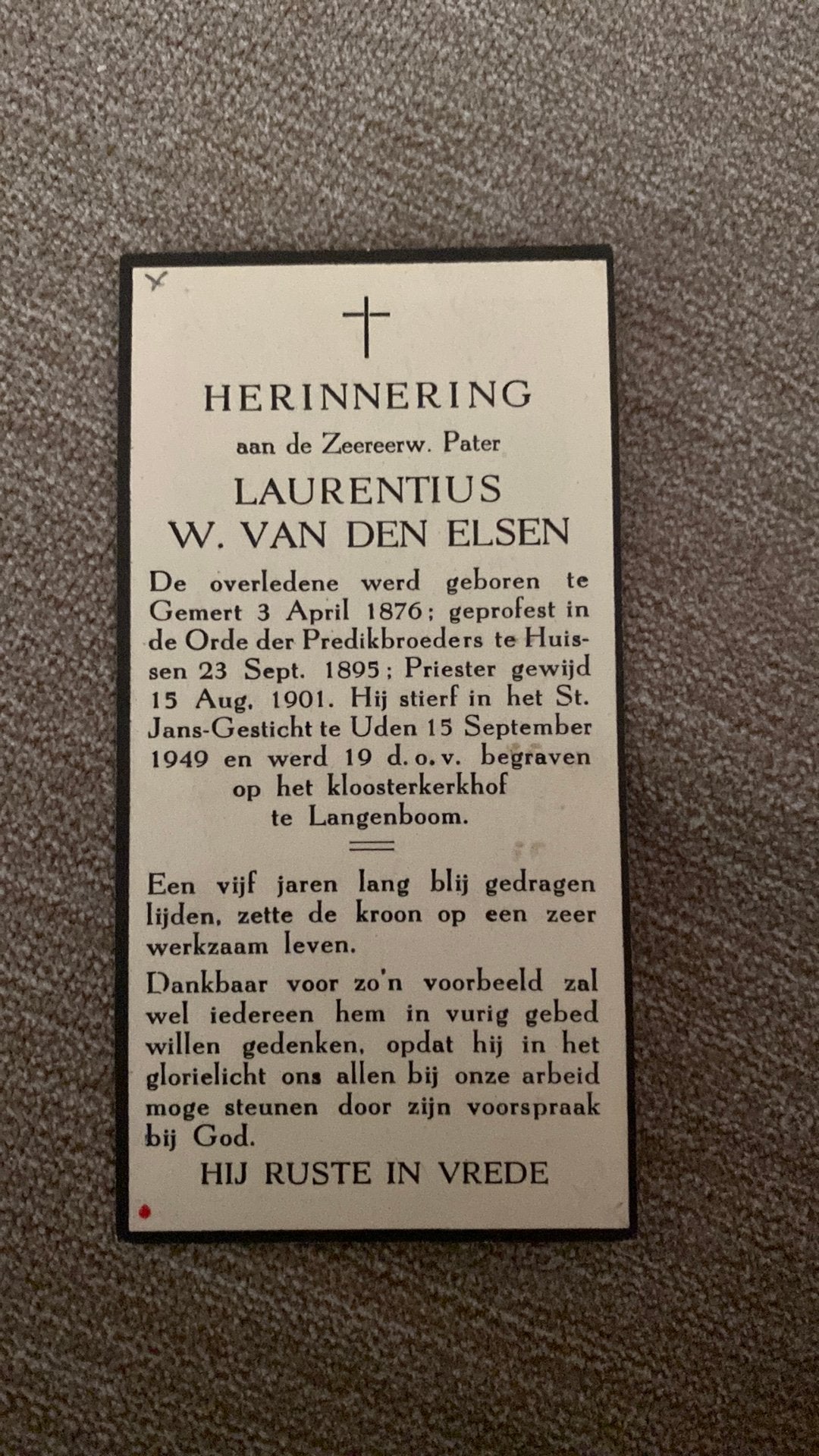 pater LW vd Elsen 1876 Gemert 1949 Uden Langenboom, Verzamelen, Ophalen of Verzenden