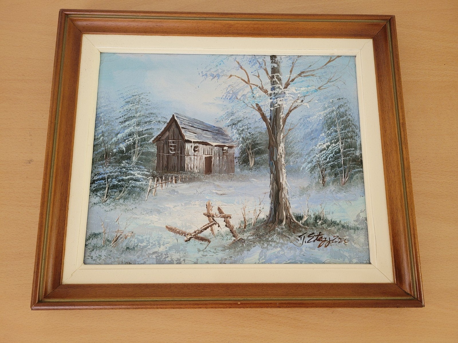 Schilderij handgeschilderd winterlandschap met huisje gesign, Antiek en Kunst, Ophalen of Verzenden, Realistisch, Landschap