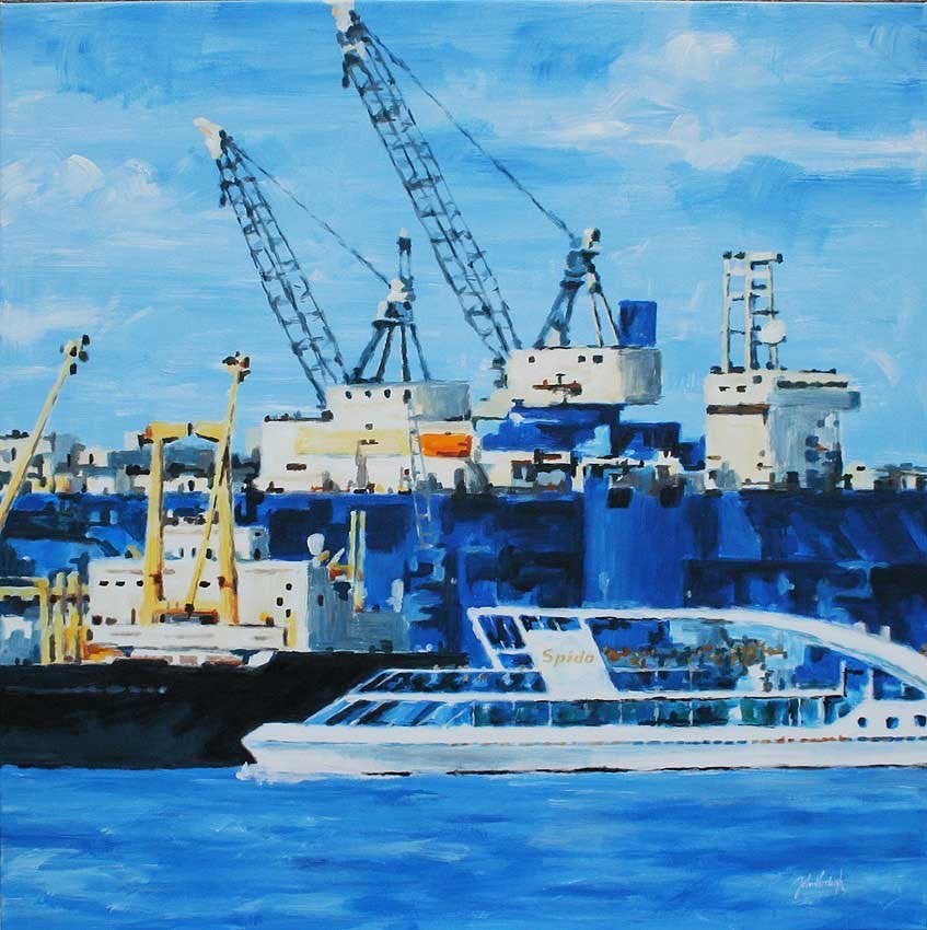 Schilderij Rotterdamse Haven, 100x100 cm, Ophalen
