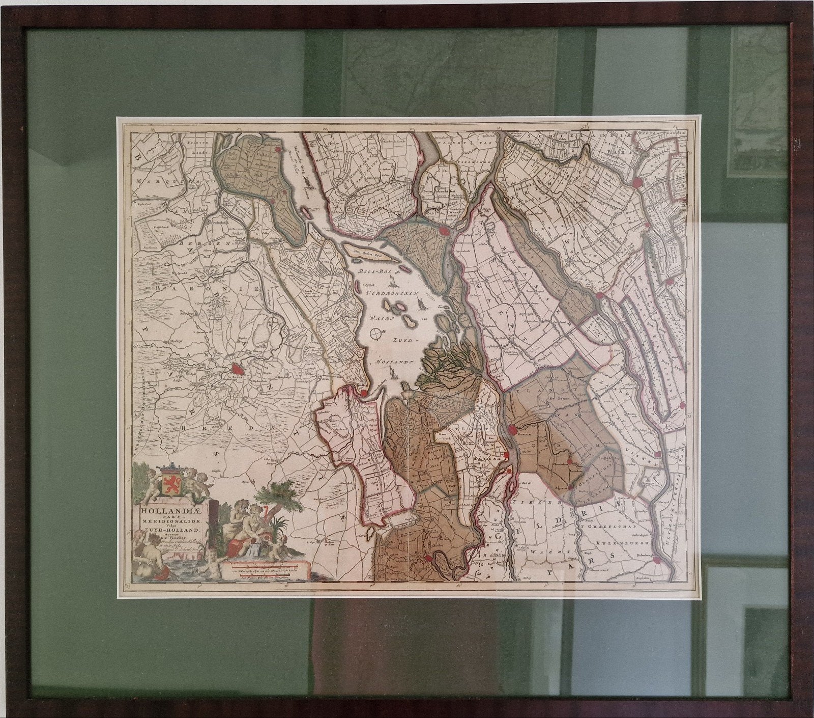 Antieke kopergravure Zuid-Holland, Nicolaes Visscher II, Ophalen, Cartografie, 1600 - 1699, Ingelijst