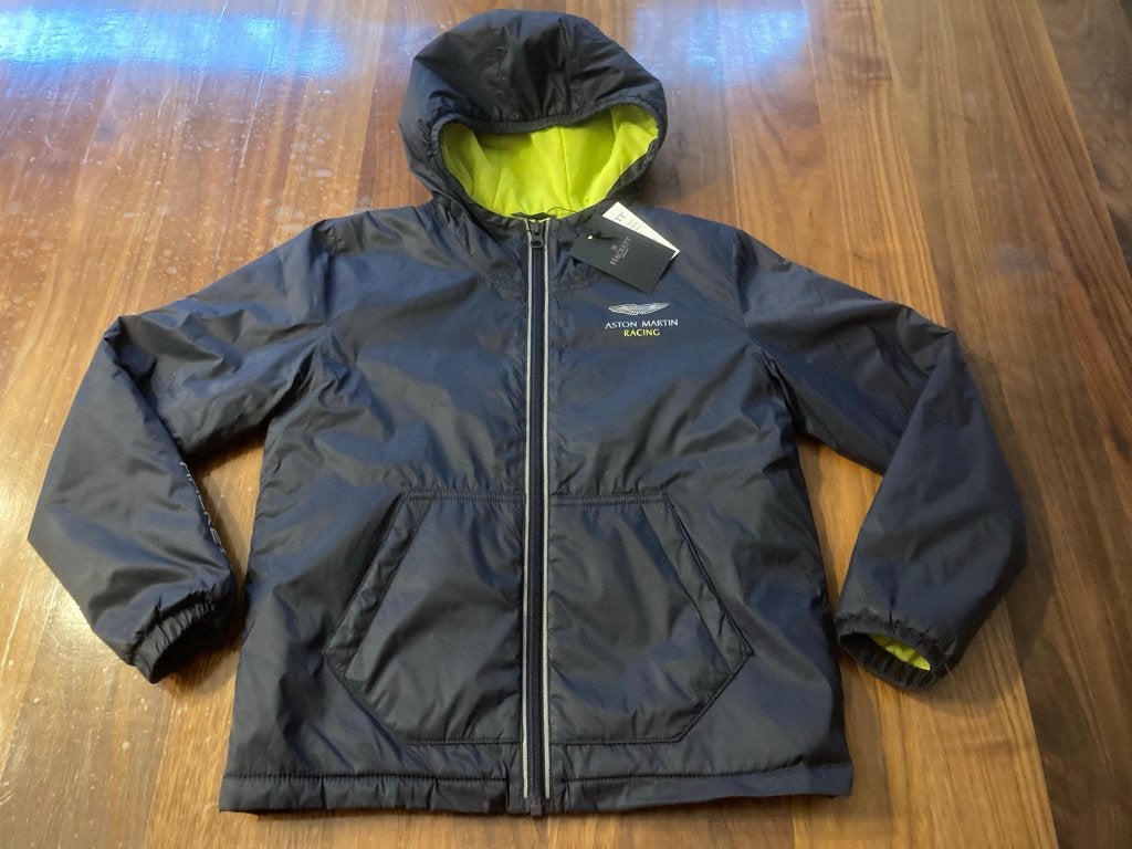 Hackett aston martin blauwe jas lime voering 122-128!, Kinderen en Baby's, Kinderkleding | Maat 122, Ophalen of Verzenden, Zo goed als nieuw