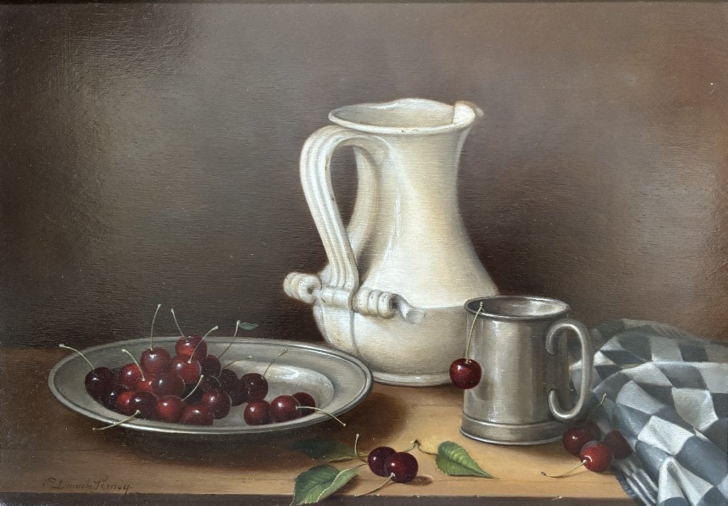 Danièle Perney (1940) - Stilleven met kersen en witte kan, Paneel, Realistisch, Stilleven, Ophalen of Verzenden