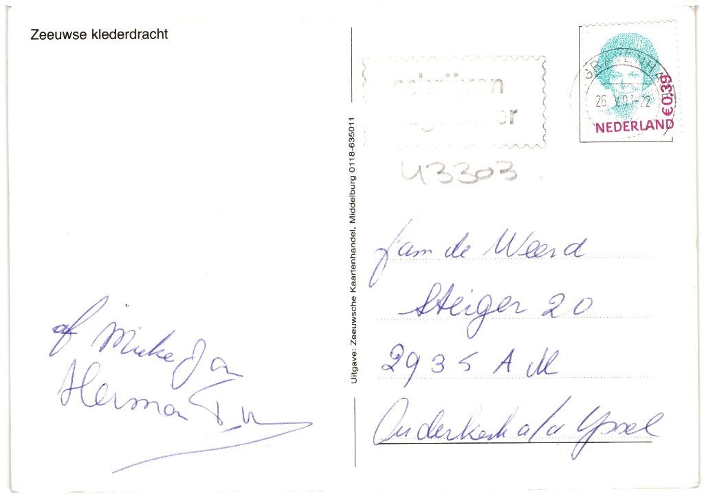 43303 Walcheren ZL Klederdracht 80+ Gelopen met postzegel, Verzenden, 1980 tot heden, Gelopen, Zeeland