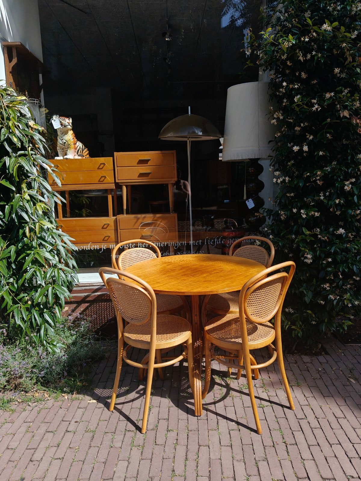 Vintage Thonet eetkamerset webbing stoelen en ronde tafel, Ophalen