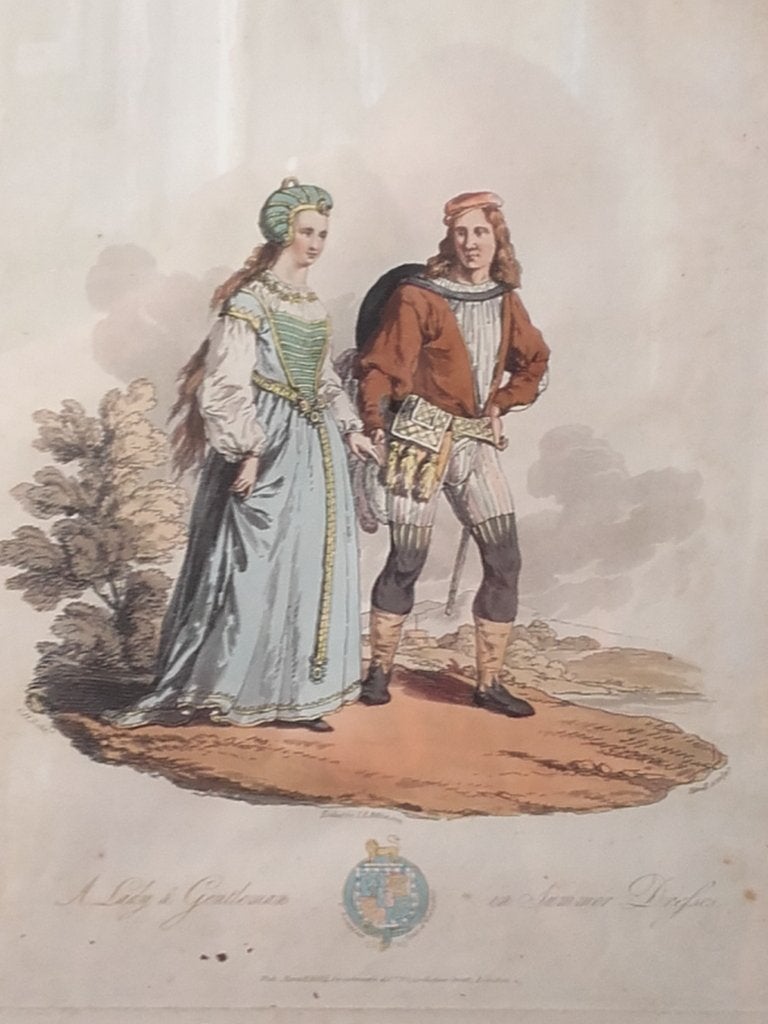 Antieke ingelijste ets uit Engeland met edelvrouw en edelman, Ophalen of Verzenden, Ets, Met tekst, 1800 - 1899