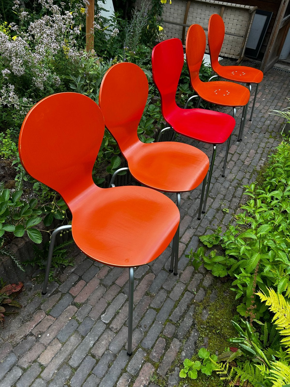 Set van 8 Danerka vlinderstoelen - Oranje/Rood, Huis en Inrichting, Stoelen, Ophalen, Gebruikt, Overige kleuren, Vijf, Zes of meer stoelen