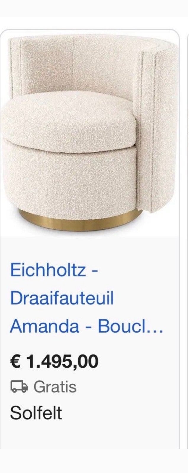 2x Eichholtz Amanda Draaifauteuil Bouclé - Zo goed als nieuw, Ophalen, Minder dan 75 cm, Zo goed als nieuw, 75 tot 100 cm