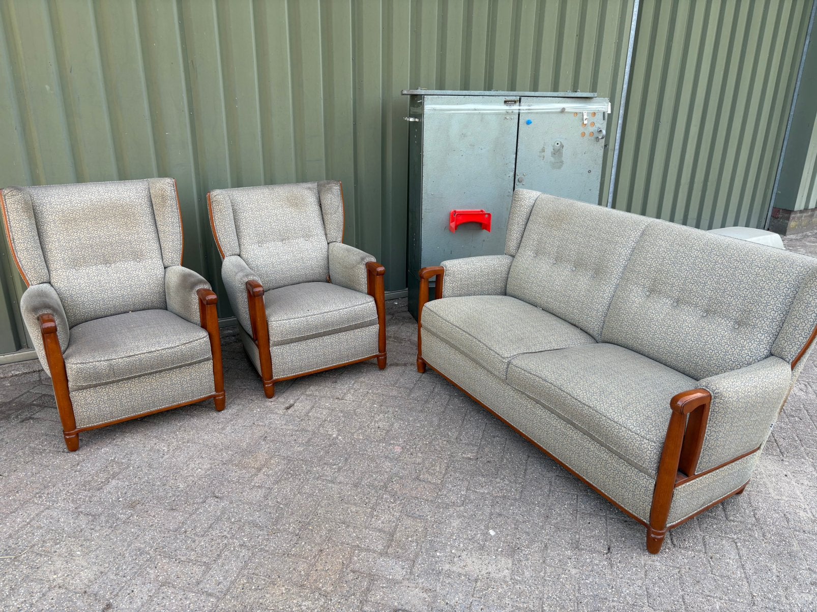 Vintage bankstel: bank en twee fauteuils, Ophalen, Gebruikt, 150 tot 200 cm, 75 tot 100 cm