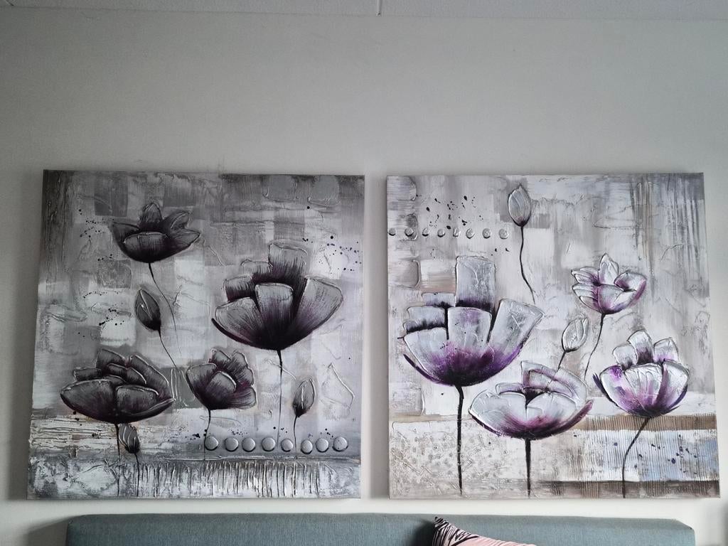 Bloemenschilderijen 100x100cm - Set van 2, Antiek en Kunst, Kunst | Schilderijen | Klassiek, Ophalen of Verzenden