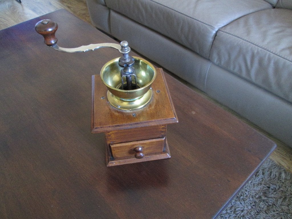 Oude Koffiemolen 15 x 15 cm Hout / Koper, Ophalen of Verzenden