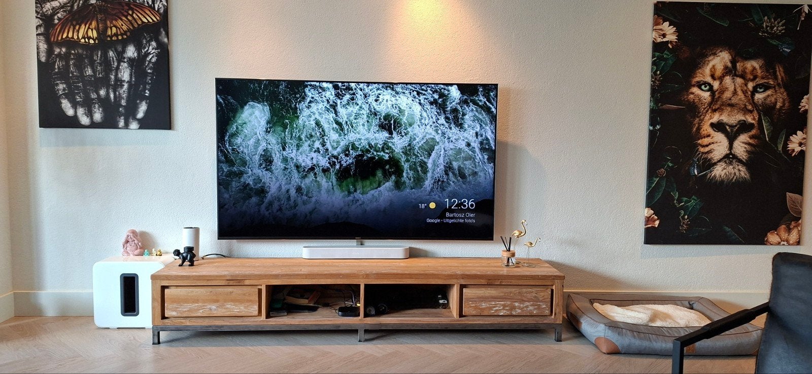 Robuust Teakhouten TV-Meubel met Stalen 220x48x37 Frame, Gebruikt, Teakhout, 150 tot 200 cm, Ophalen of Verzenden