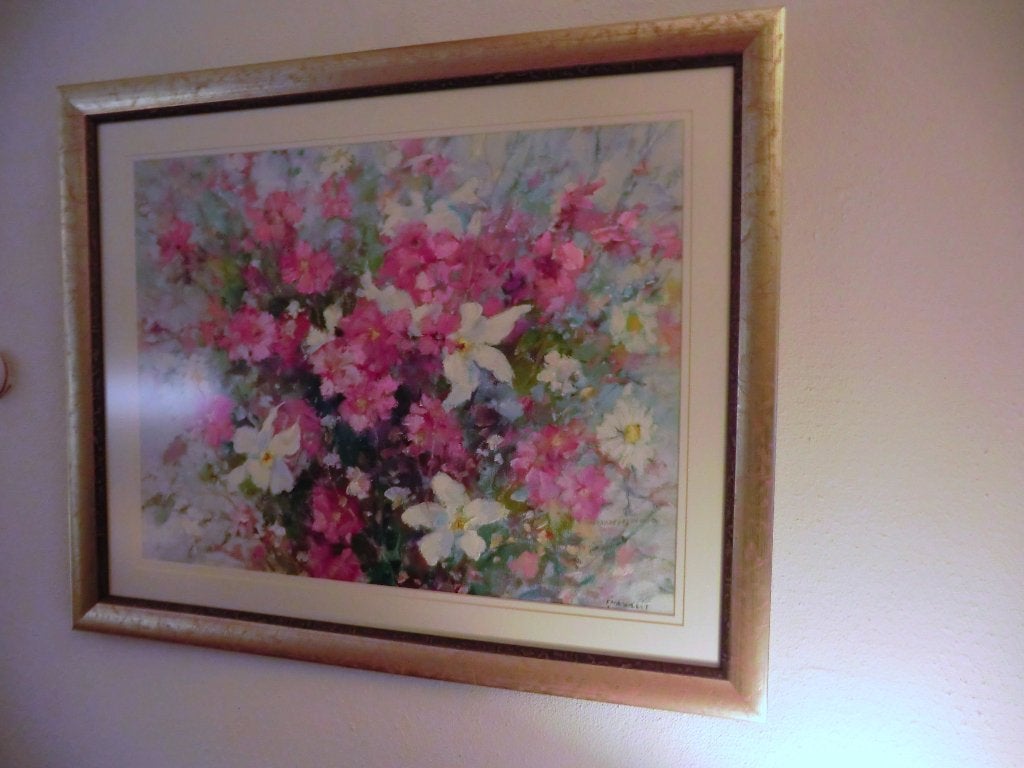 Frans Manders, pastel met bloemen achter ontspiegeld glas, Ophalen, Pastel, Papier/karton, Passe-partout