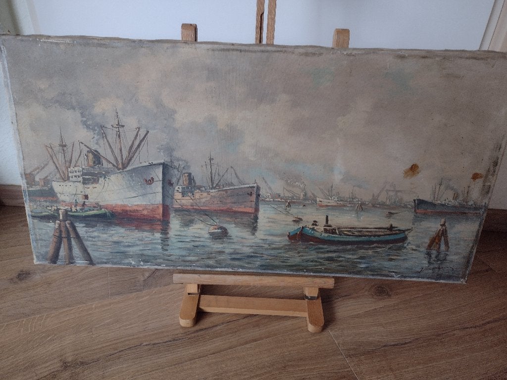 Rotterdamse Haven met diverse Vrachtboten, Maritiem / water, Doek, Oud hollands, Ophalen of Verzenden