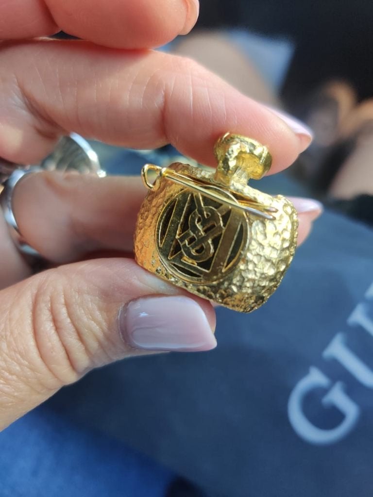 Vintage Yves Saint Laurent YSL parfumfles broche/hanger, Ophalen, Zo goed als nieuw, Zilver, Overige materialen