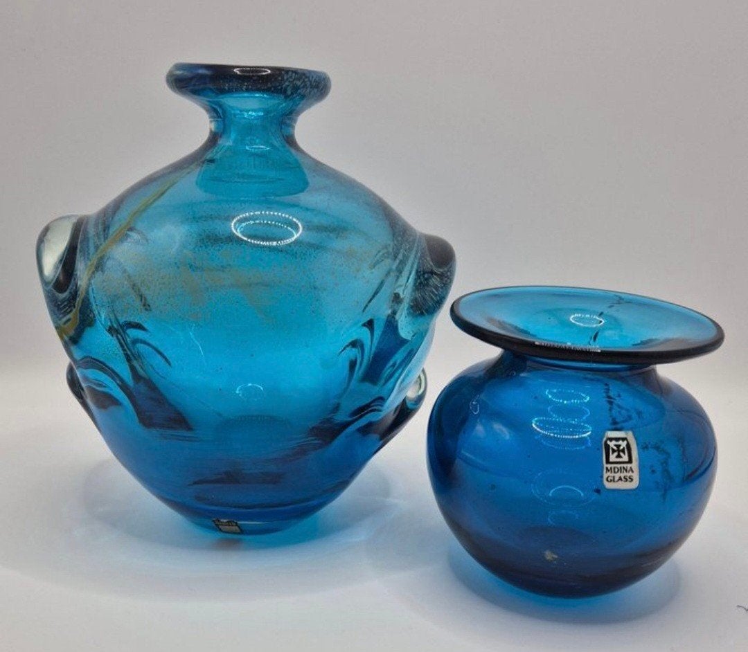 Set van 2 Mdina Glass vazen - Blauw met gouden spikkels, Ophalen of Verzenden