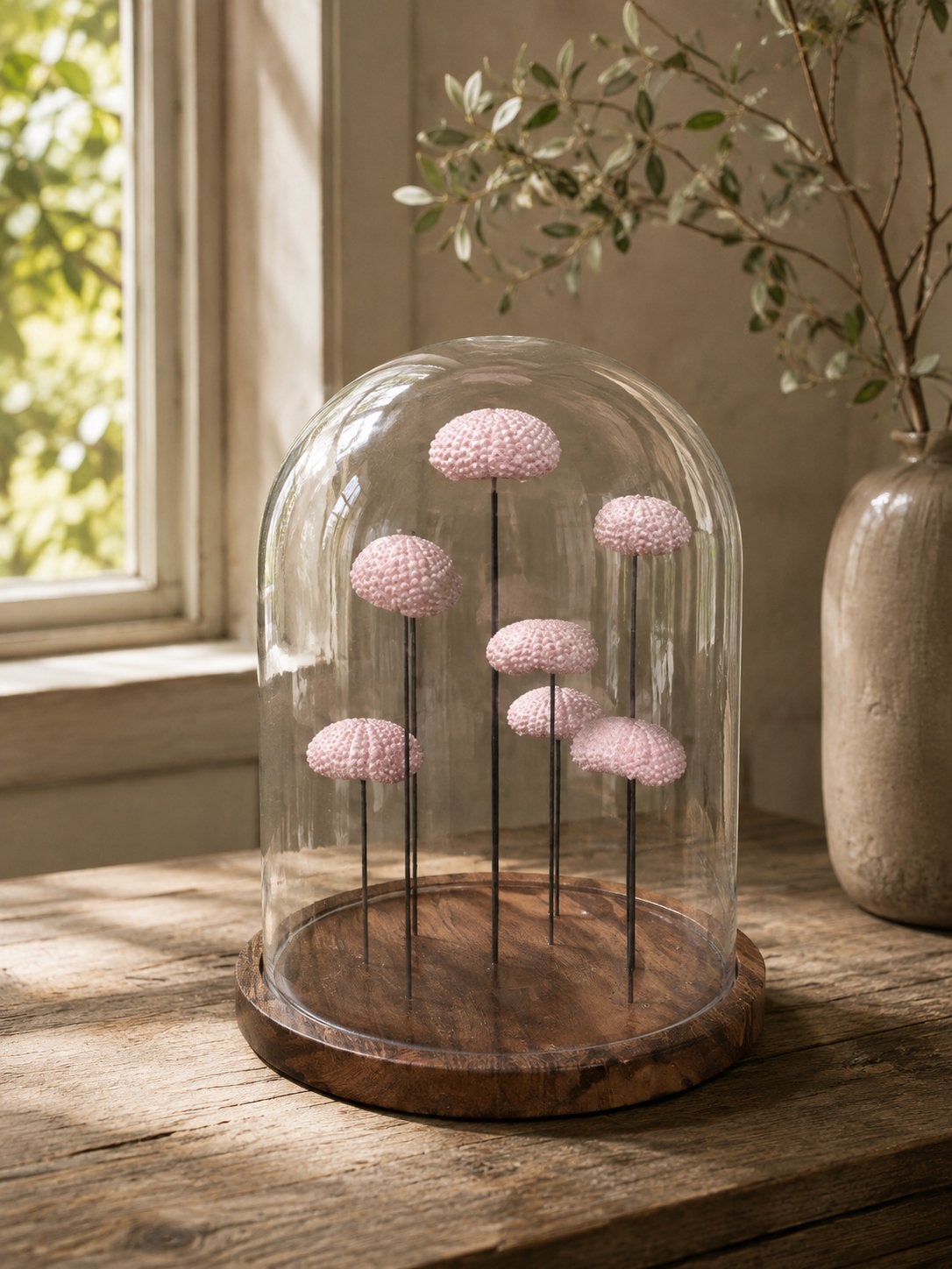 Decoratieve glazen stolp met echte roze zee-egels cabinet, Ophalen of Verzenden, Zo goed als nieuw