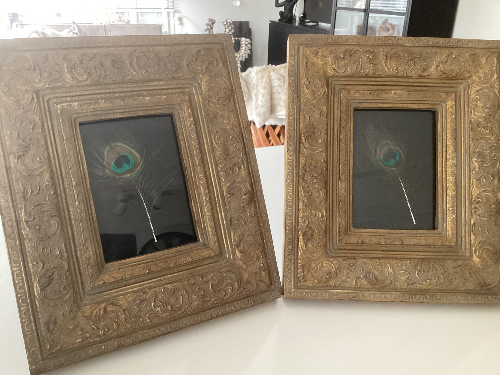 Brocante fotolijst daarin een pauwenveer, 2 stuks €20,00, Huis en Inrichting, Woonaccessoires | Overige, Ophalen