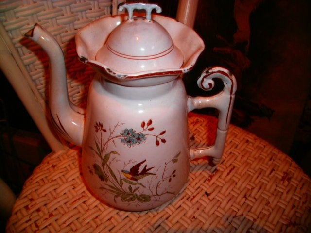 Antieke koffiepot met vogel/ bloemmotief schaats koffiekan, Ophalen of Verzenden