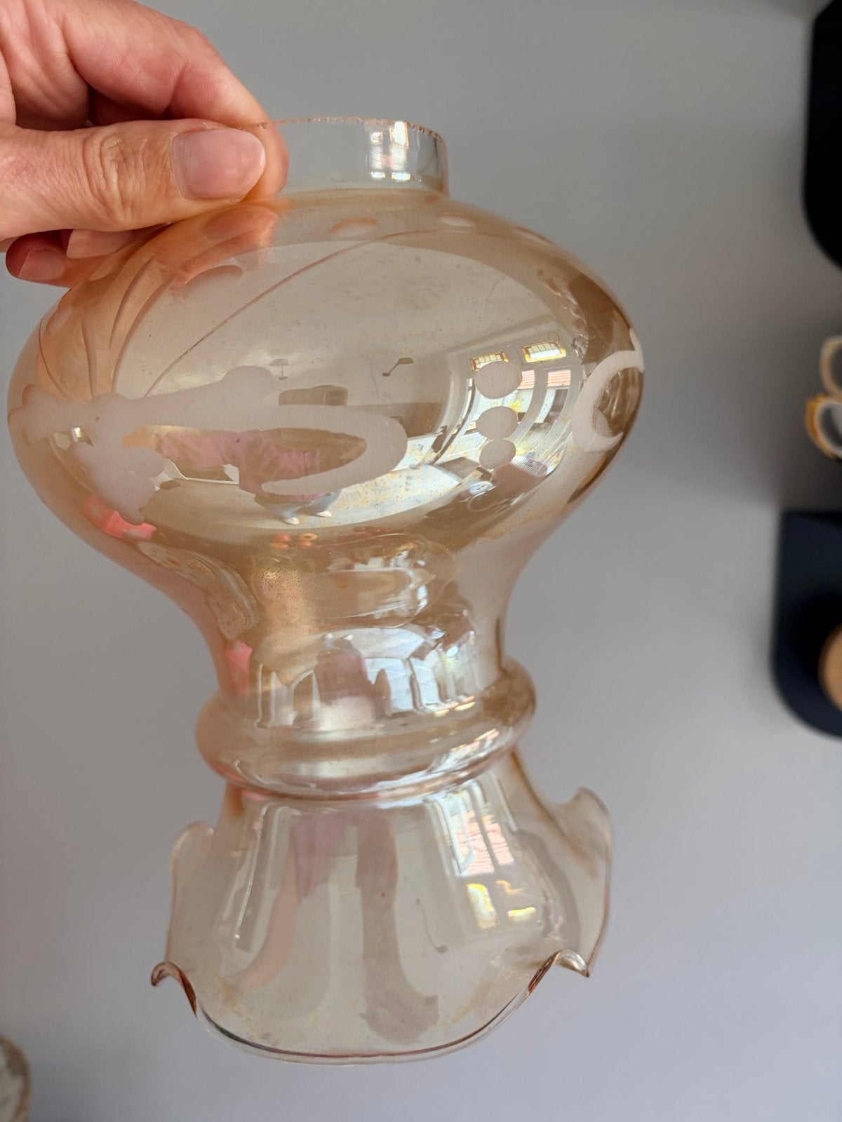 Vintage glazen lampenkap - Amber met iriserende glans, Gebruikt, Rond, Oranje, Glas