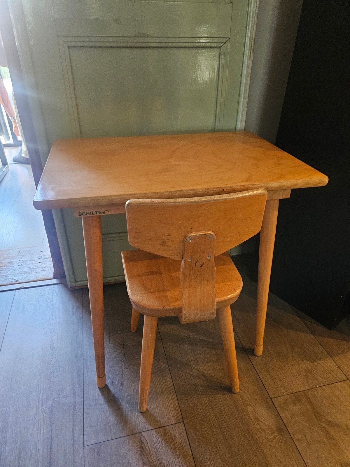 Schilte kinderbureautje met stoel - Vintage hout, Ophalen, Gebruikt, Tafel(s) en Stoel(en)
