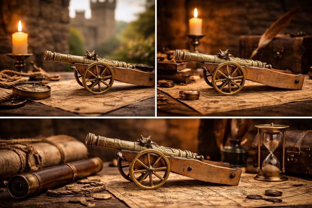 Antiek miniatuur kanon van messing en hout, Antiek en Kunst, Ophalen of Verzenden