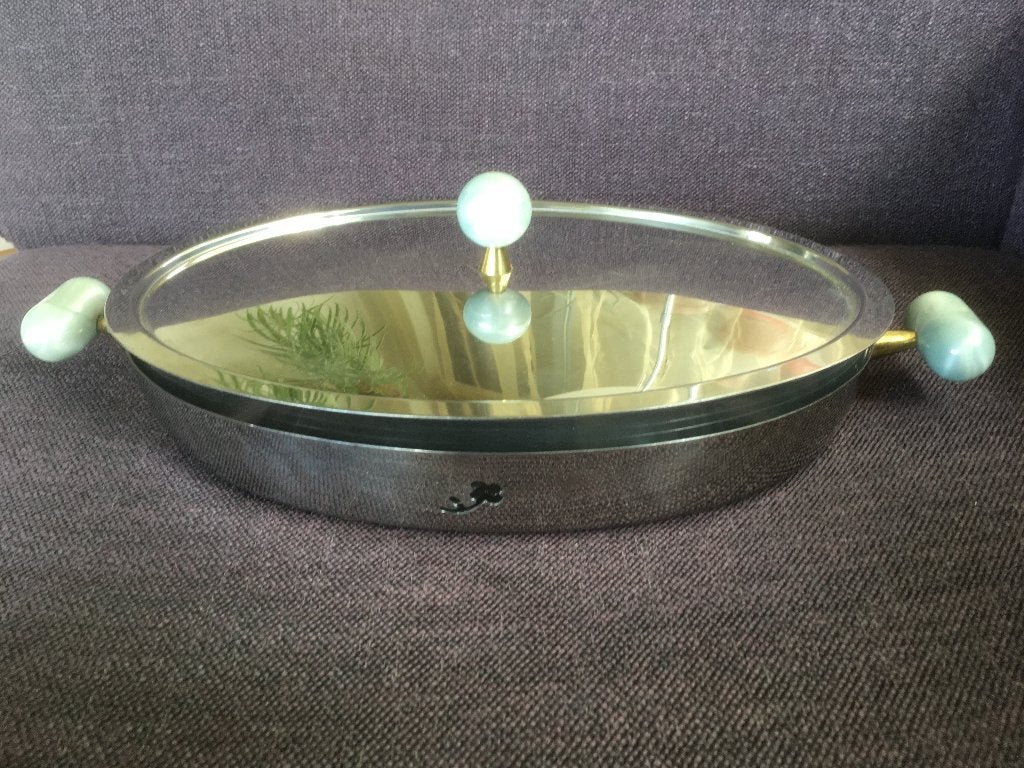 Alessi oven schaal glas met RVS tafelhouder, Gebruikt, Schaal, Ophalen of Verzenden, Metaal