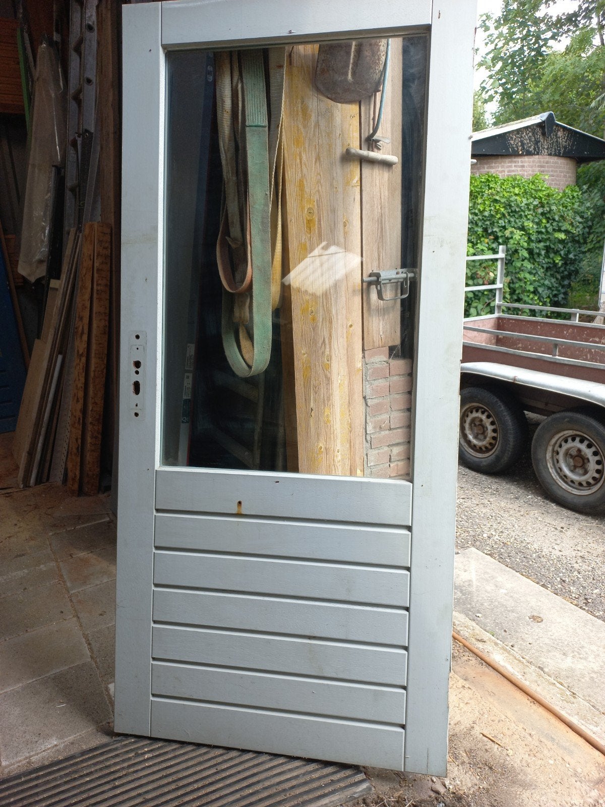 Hardhouten tuin of schuurdeur met dubbel glas, Ophalen, Gebruikt, 200 tot 215 cm, Glas