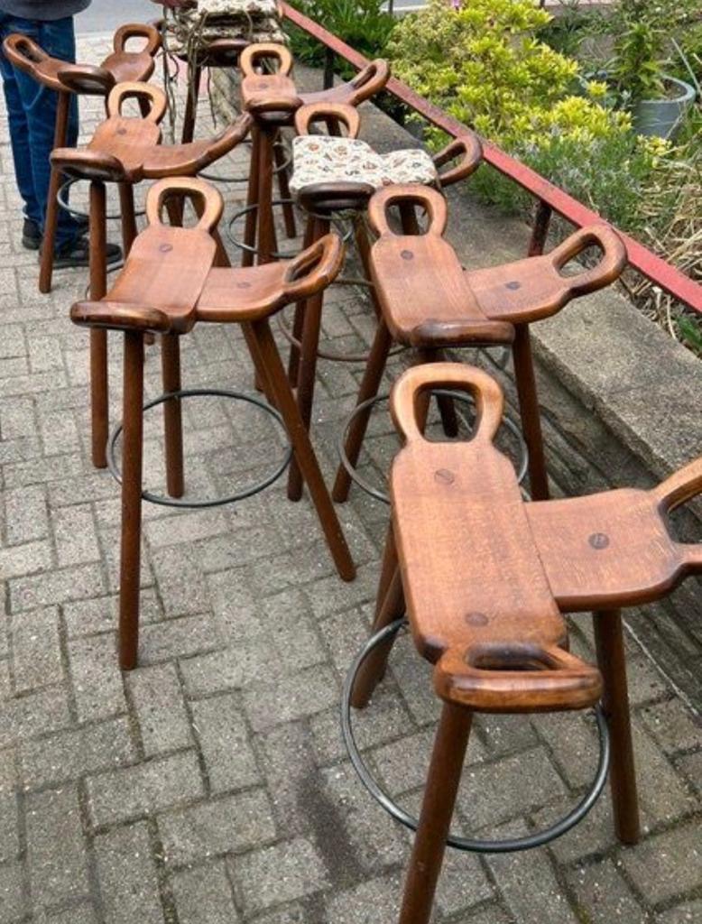 Set van 8 vintage Spaanse Barstoelen - Zadelkrukken, Ophalen, Gebruikt, Bruin, Vijf, Zes of meer stoelen