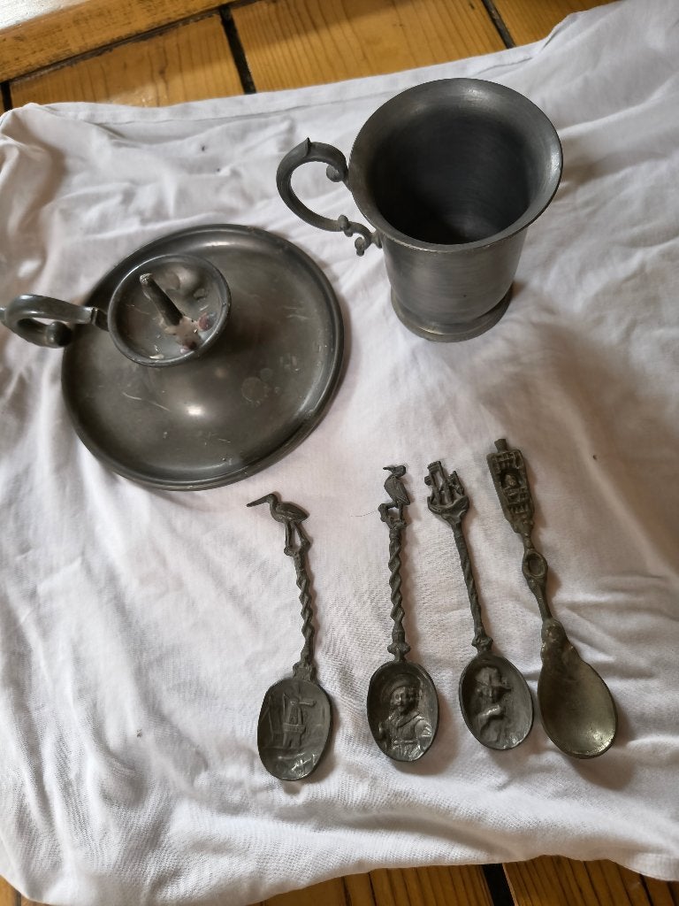 Tinnen beker, lepels en blaker, Antiek en Kunst, Antiek | Tin, Ophalen