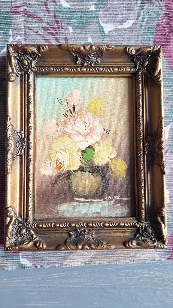Vintage olieverfschilderij bloemen in barokke lijst, Antiek en Kunst, Kunst | Schilderijen | Klassiek, Ophalen of Verzenden