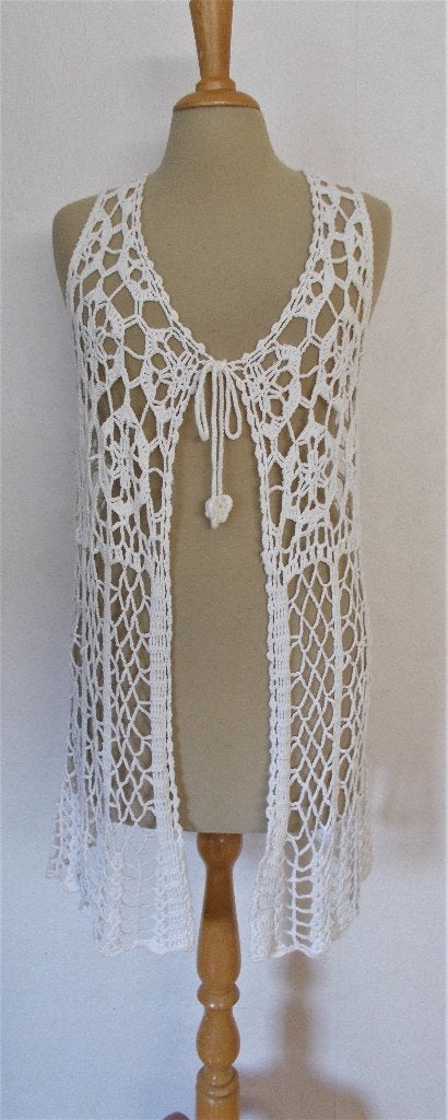Ibiza/boho witte gehaakte/crochet top/gilet! L, Verzenden, Wit, Maat 42/44 (L), Zo goed als nieuw