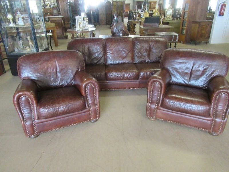 Oer 11635 A vintage leer set met krokodillen print, Ophalen, Gebruikt, Leer