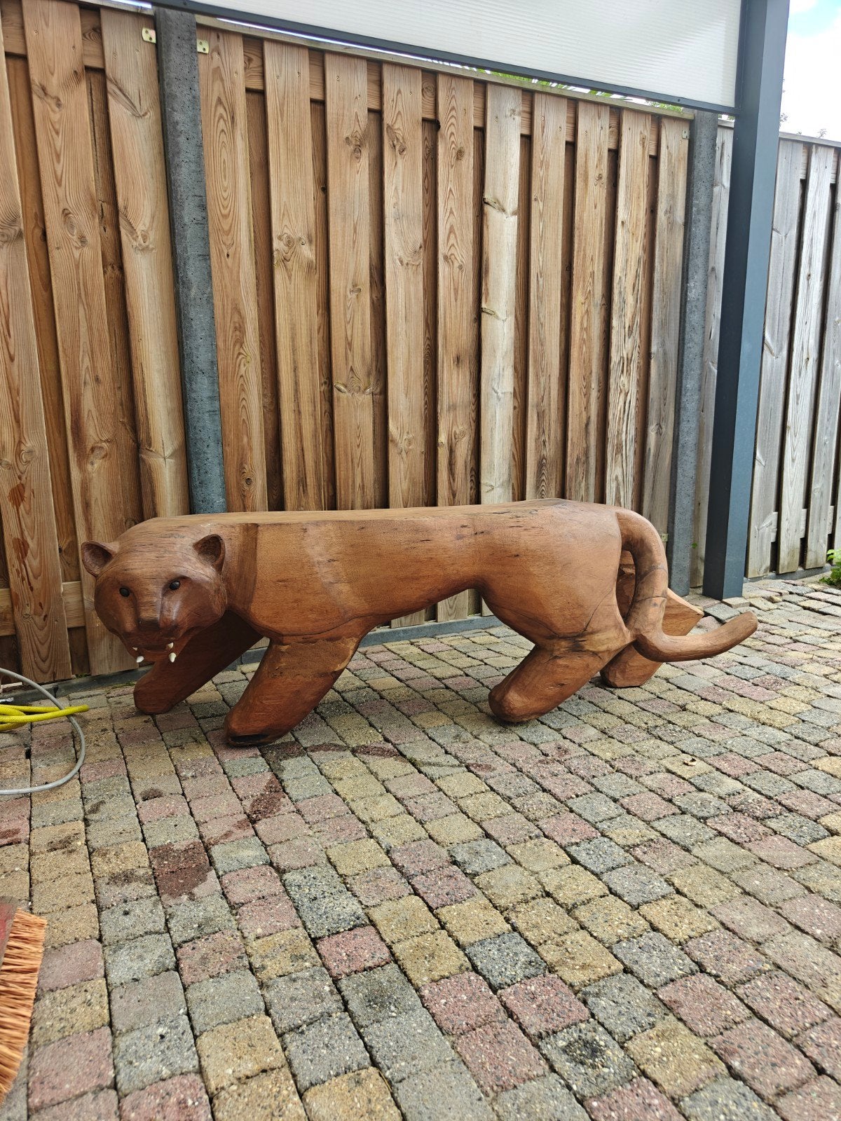 Handgesneden houten jaguar/panter sculptuur, Ophalen, 1 meter - 2 meter, Beeld, Hout